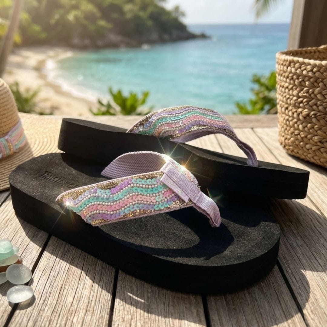 Black flip-flops with colorful straps on a wooden deck with a beach view.